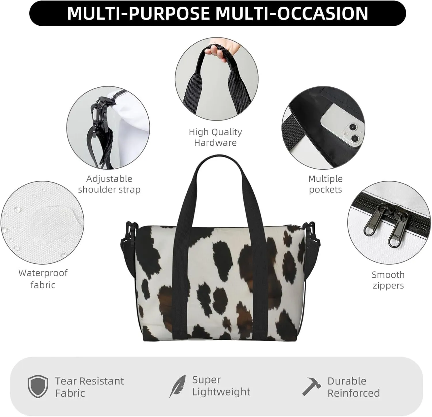 black cowhide print Travel Duffel Bag, Sports Tote Gym Bag, Swim Pool Bag Large Shoulder Tote Bag for Beach Weekender