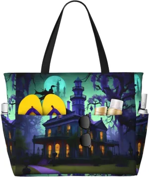 Black Haunted Mansion Print Beach Tote Bag Large Travel Bag With Zipper And Pockets Lightweight Gym Bag