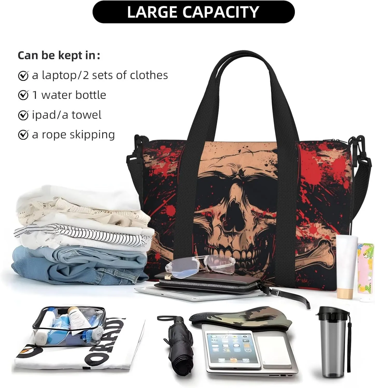black skull and crossbones print Travel Duffel Bag, Sports Tote Gym Bag, Swim Pool Bag Large Shoulder Tote Bag for Beach Weekender, 202-406-121