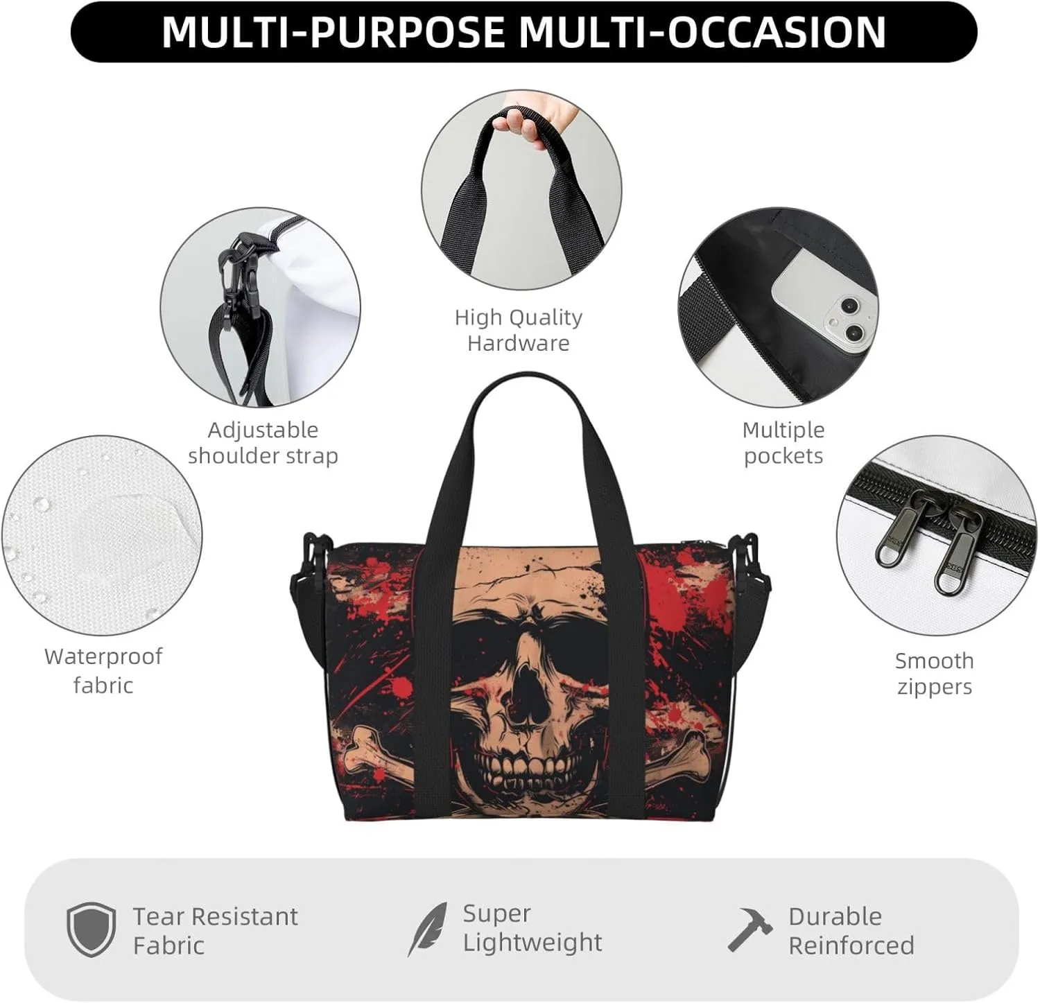 black skull and crossbones print Travel Duffel Bag, Sports Tote Gym Bag, Swim Pool Bag Large Shoulder Tote Bag for Beach Weekender, 202-406-121