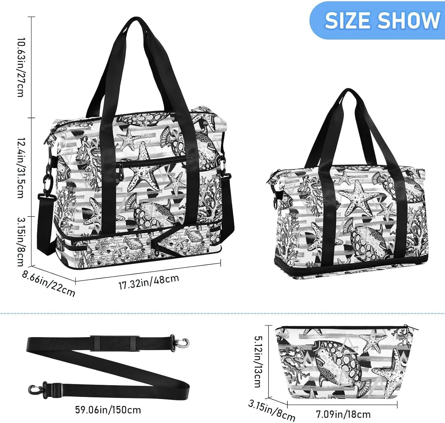 Black White Fishes, Corals, Starfishes Stripes Yellow Triangles Gym Duffel Bag, Polyester Travel Weekender Luggage Handbag with Waterproof Pocket for Wet Items, Unisex Foldable Tote for Sports