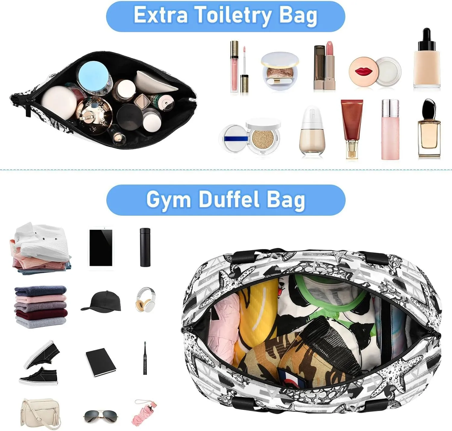 Black White Fishes, Corals, Starfishes Stripes Yellow Triangles Gym Duffel Bag, Polyester Travel Weekender Luggage Handbag with Waterproof Pocket for Wet Items, Unisex Foldable Tote for Sports