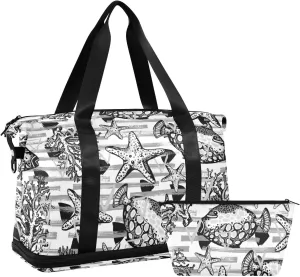 Black White Fishes, Corals, Starfishes Stripes Yellow Triangles Gym Duffel Bag, Polyester Travel Weekender Luggage Handbag with Waterproof Pocket for Wet Items, Unisex Foldable Tote for Sports