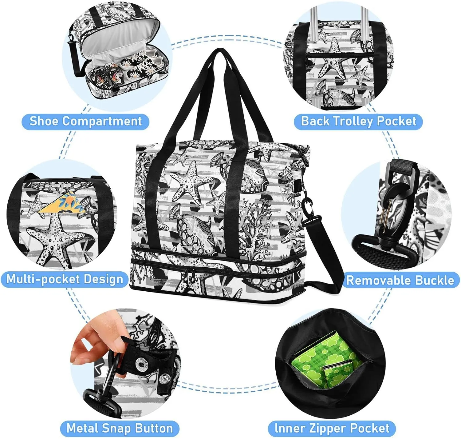 Black White Fishes, Corals, Starfishes Stripes Yellow Triangles Gym Duffel Bag, Polyester Travel Weekender Luggage Handbag with Waterproof Pocket for Wet Items, Unisex Foldable Tote for Sports