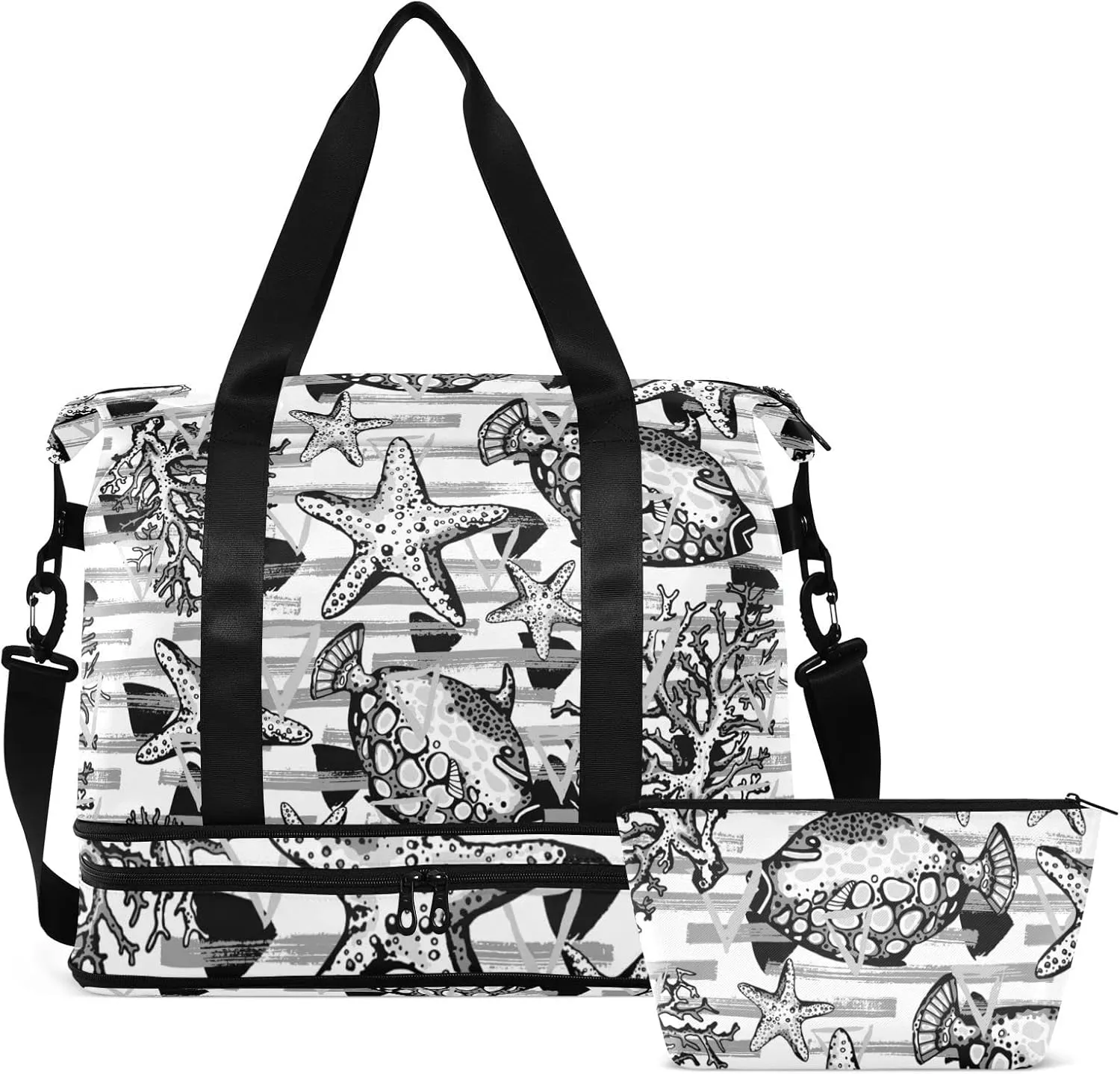 Black White Fishes, Corals, Starfishes Stripes Yellow Triangles Gym Duffel Bag, Polyester Travel Weekender Luggage Handbag with Waterproof Pocket for Wet Items, Unisex Foldable Tote for Sports