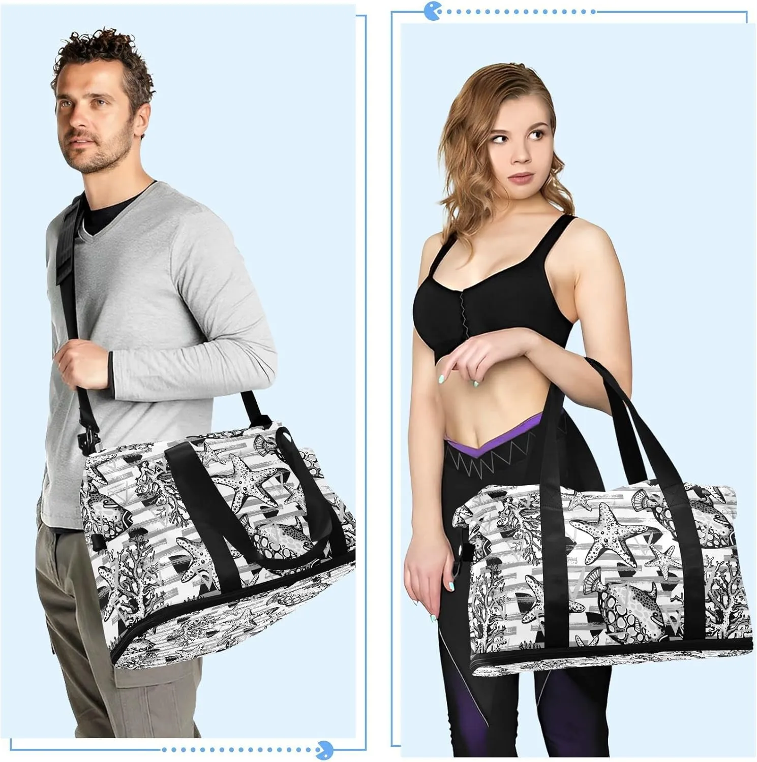 Black White Fishes, Corals, Starfishes Stripes Yellow Triangles Gym Duffel Bag, Polyester Travel Weekender Luggage Handbag with Waterproof Pocket for Wet Items, Unisex Foldable Tote for Sports