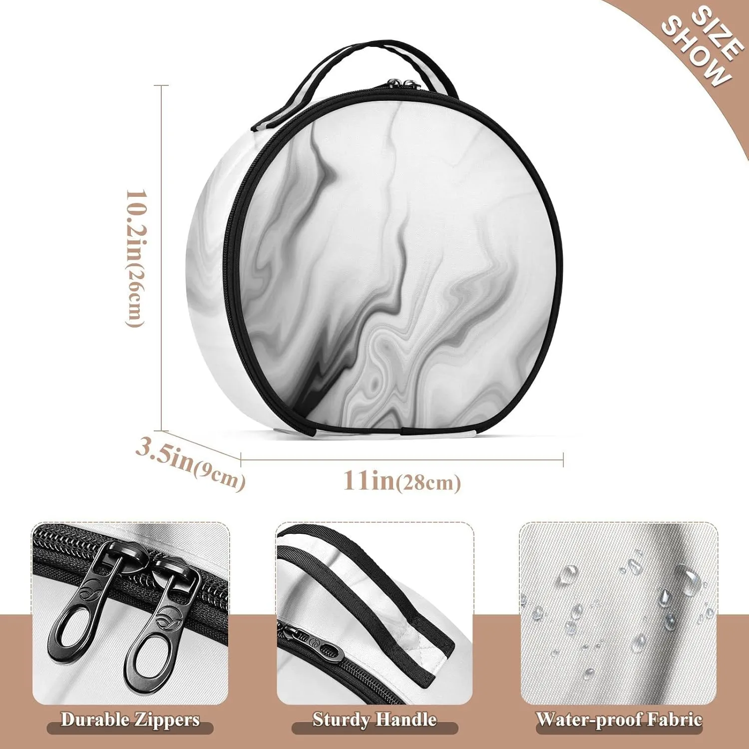 Black White Liquid Marble Agate Slab Paint Pastel Macro Wavy Women's Portable Round Makeup Bag with Handle, Cosmetic Bag, Adjustable Dividers, Travel Cosmetic Storage 11 x 3.5 x 10 inch