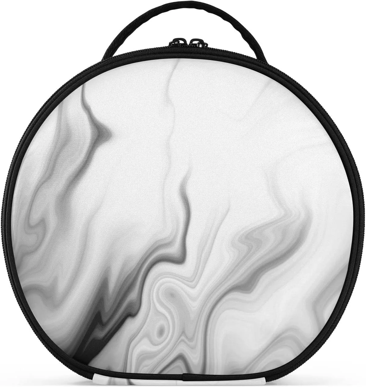 Black White Liquid Marble Agate Slab Paint Pastel Macro Wavy Women's Portable Round Makeup Bag with Handle, Cosmetic Bag, Adjustable Dividers, Travel Cosmetic Storage 11 x 3.5 x 10 inch