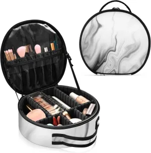Black White Liquid Marble Agate Slab Paint Pastel Macro Wavy Women's Portable Round Makeup Bag with Handle, Cosmetic Bag, Adjustable Dividers, Travel Cosmetic Storage 11 x 3.5 x 10 inch