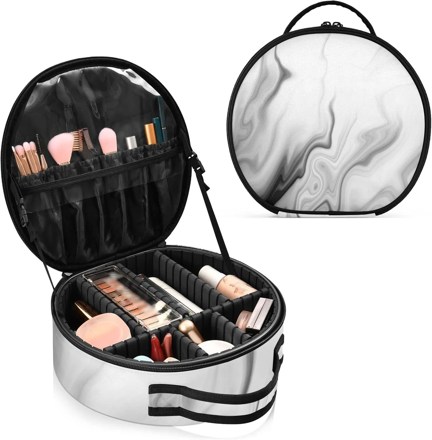 Black White Liquid Marble Agate Slab Paint Pastel Macro Wavy Women's Portable Round Makeup Bag with Handle, Cosmetic Bag, Adjustable Dividers, Travel Cosmetic Storage 11 x 3.5 x 10 inch