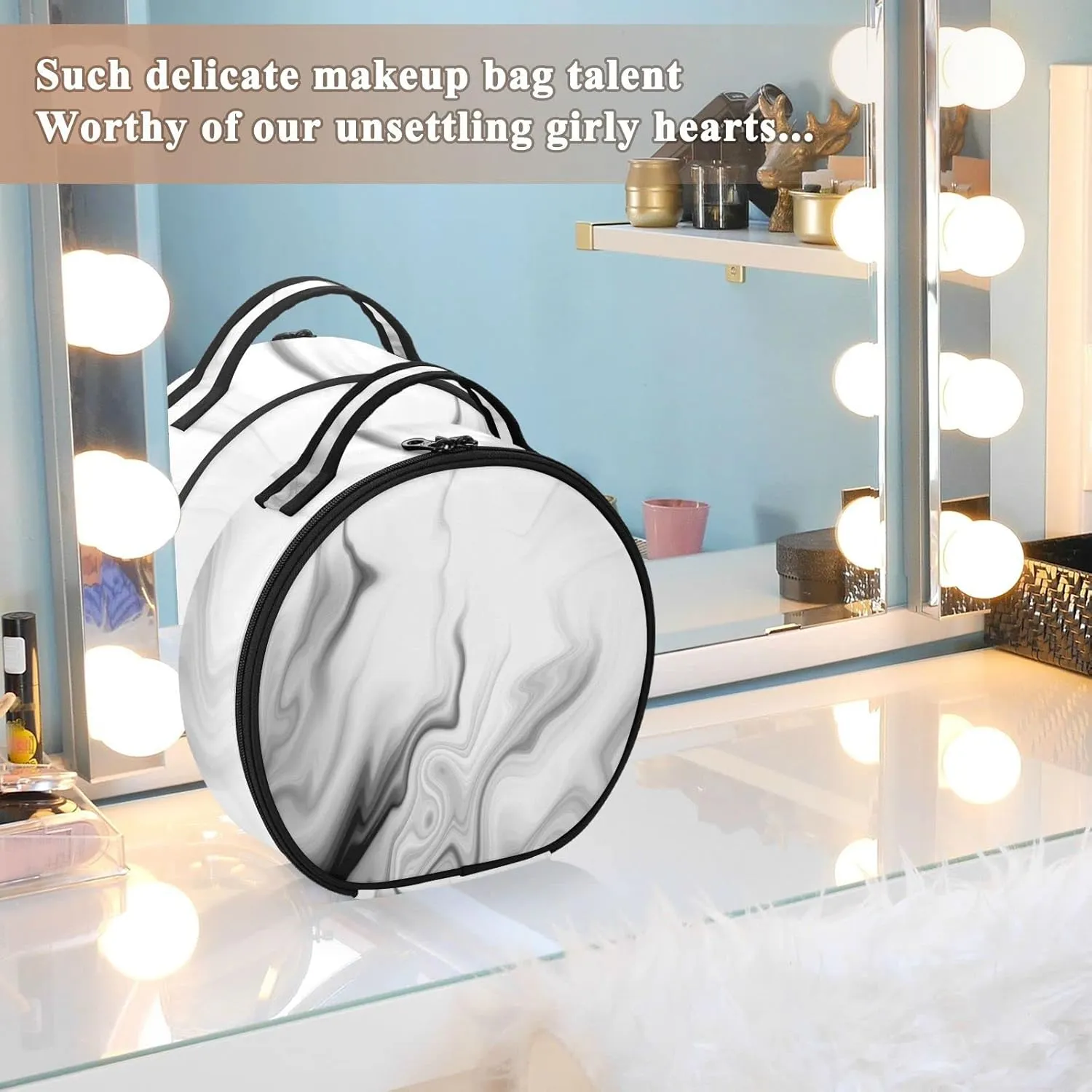 Black White Liquid Marble Agate Slab Paint Pastel Macro Wavy Women's Portable Round Makeup Bag with Handle, Cosmetic Bag, Adjustable Dividers, Travel Cosmetic Storage 11 x 3.5 x 10 inch