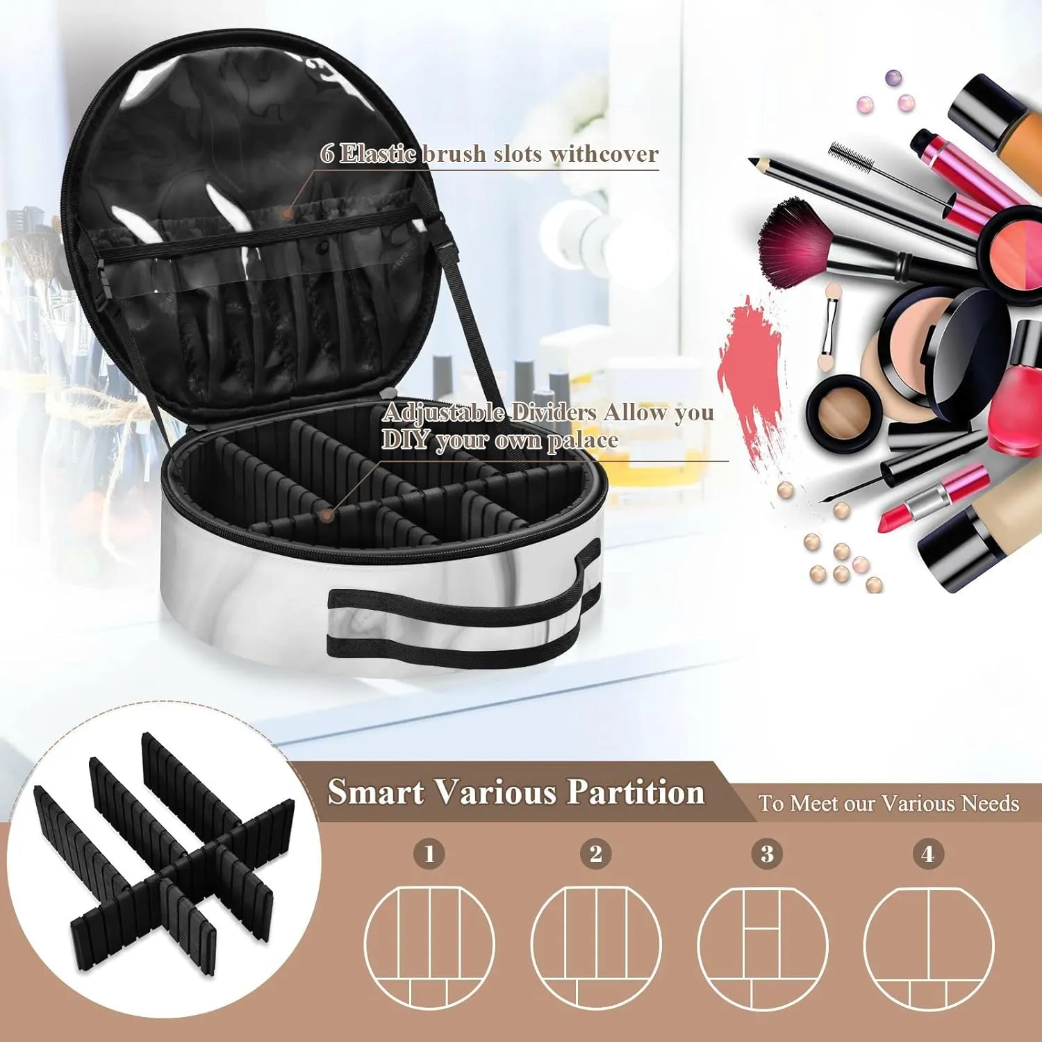 Black White Liquid Marble Agate Slab Paint Pastel Macro Wavy Women's Portable Round Makeup Bag with Handle, Cosmetic Bag, Adjustable Dividers, Travel Cosmetic Storage 11 x 3.5 x 10 inch