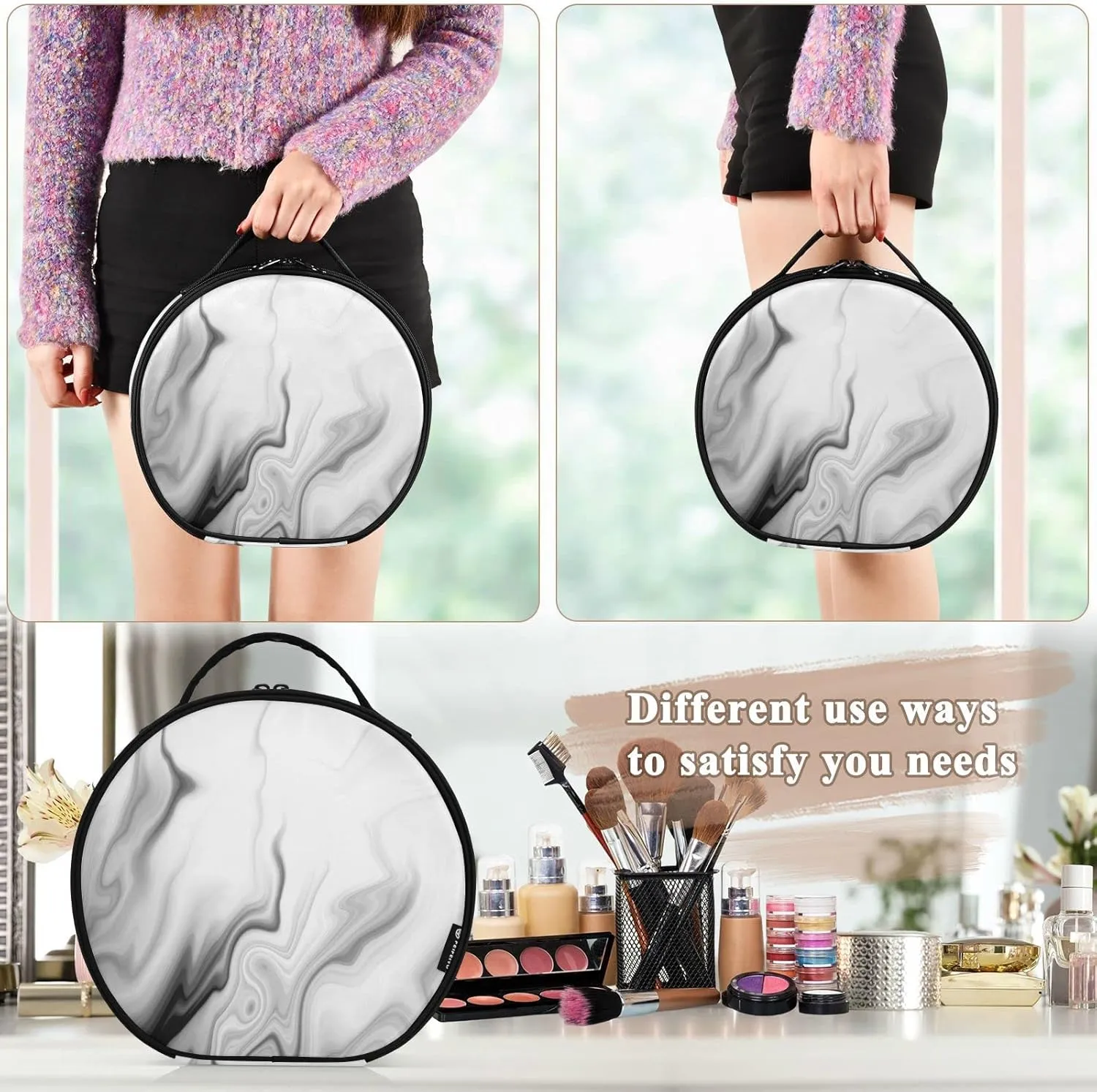 Black White Liquid Marble Agate Slab Paint Pastel Macro Wavy Women's Portable Round Makeup Bag with Handle, Cosmetic Bag, Adjustable Dividers, Travel Cosmetic Storage 11 x 3.5 x 10 inch