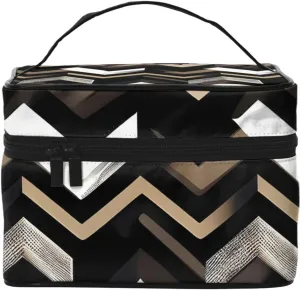 Black White Tan Zigzag Print Portable Travel Makeup Case Versatile Zipper for Makeup Bag Large Capacity Polyeste