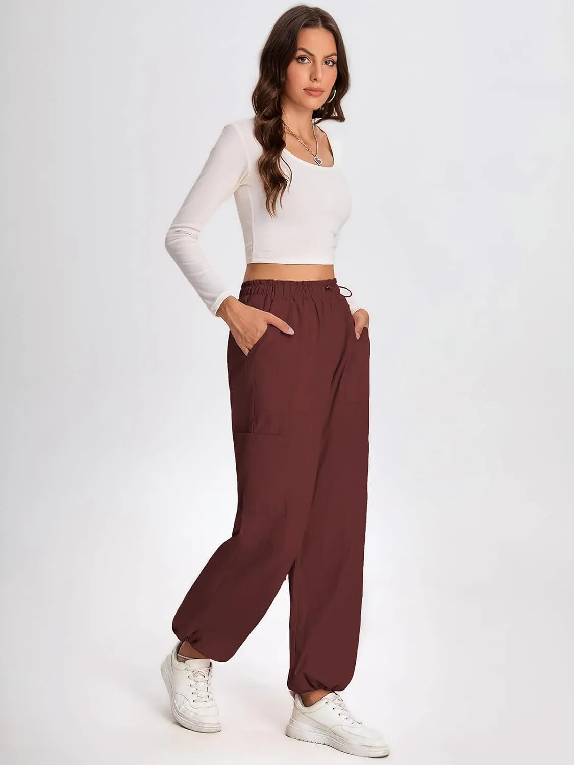 Bloggerlove Womens Cargo Pants Wide Leg Jogger Y2K Parachute Drawstring Waist Casual Baggy Pant with Pockets Trendy