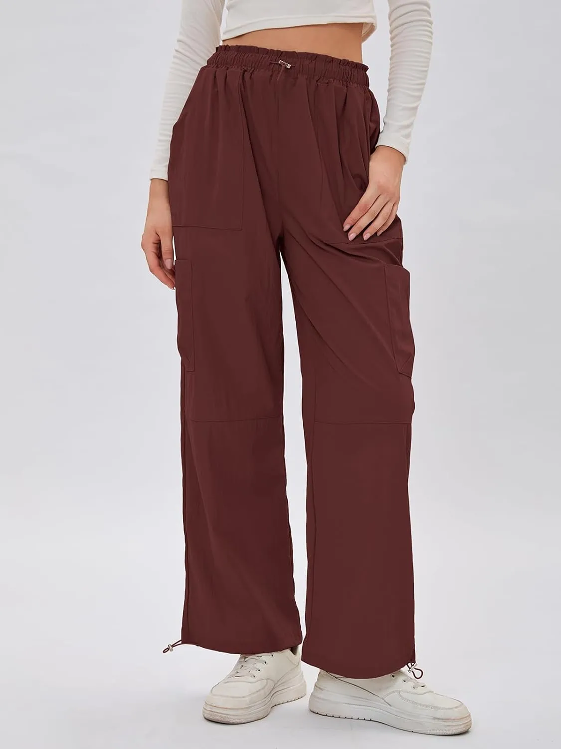 Bloggerlove Womens Cargo Pants Wide Leg Jogger Y2K Parachute Drawstring Waist Casual Baggy Pant with Pockets Trendy