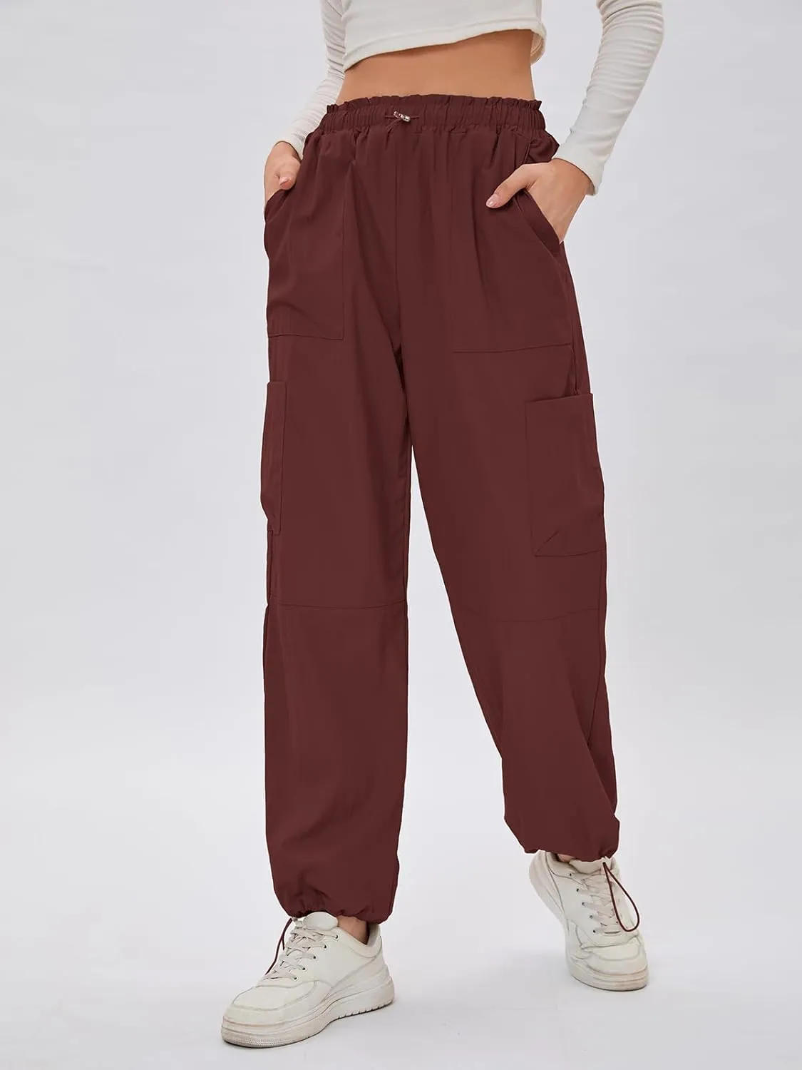 Bloggerlove Womens Cargo Pants Wide Leg Jogger Y2K Parachute Drawstring Waist Casual Baggy Pant with Pockets Trendy