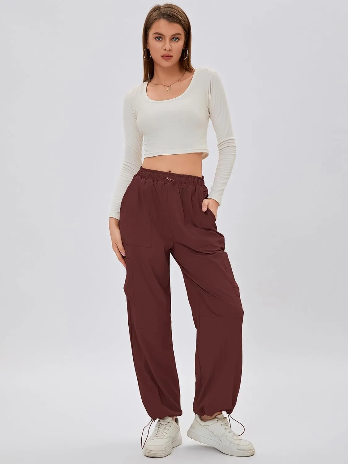 Bloggerlove Womens Cargo Pants Wide Leg Jogger Y2K Parachute Drawstring Waist Casual Baggy Pant with Pockets Trendy