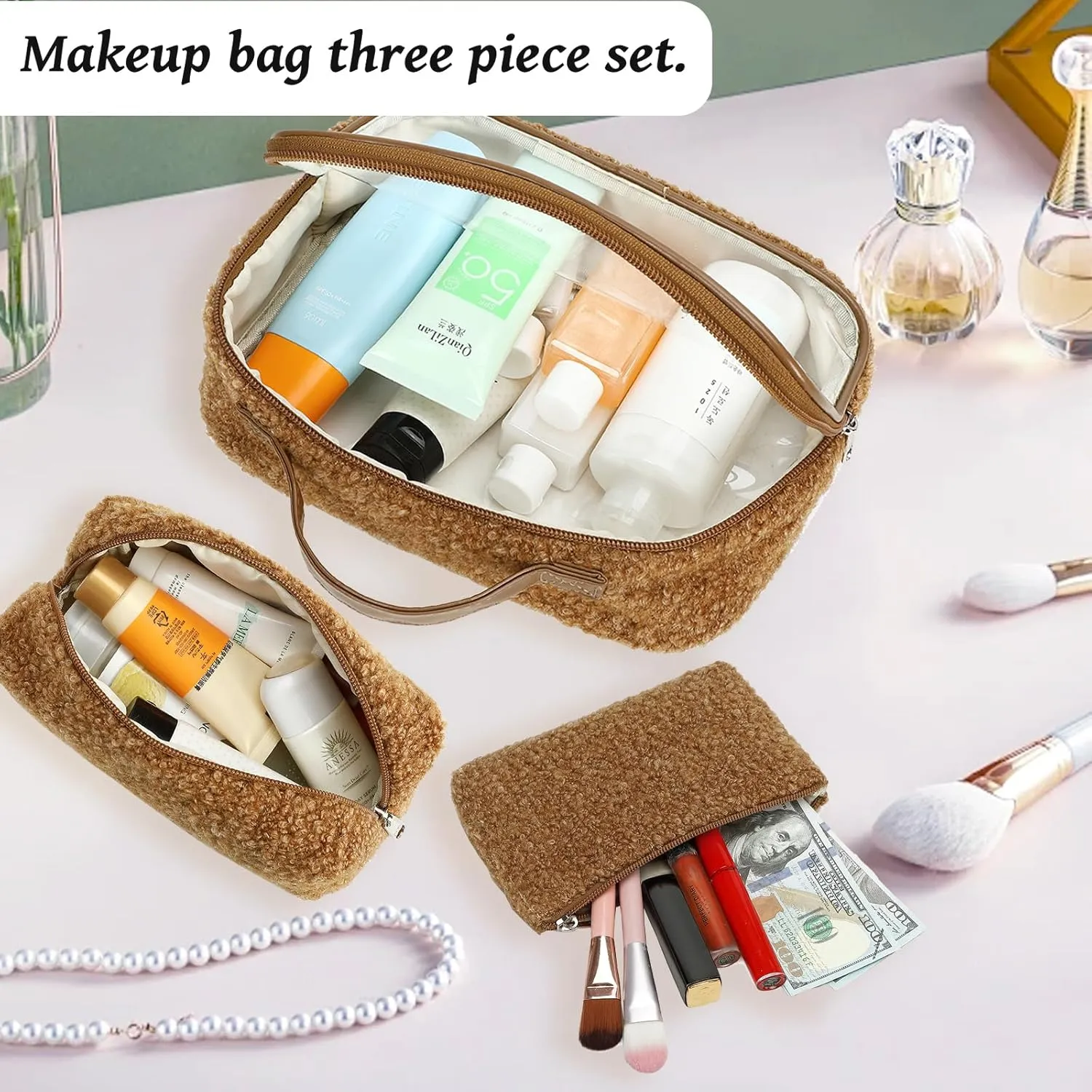 Bluboon 3Pcs Makeup Toiletry Bag for Women, Clear Packing Cubes Cosmetic Bag for Travel Women With Zipper Travel Essentials (Coffee Lamb Wool)