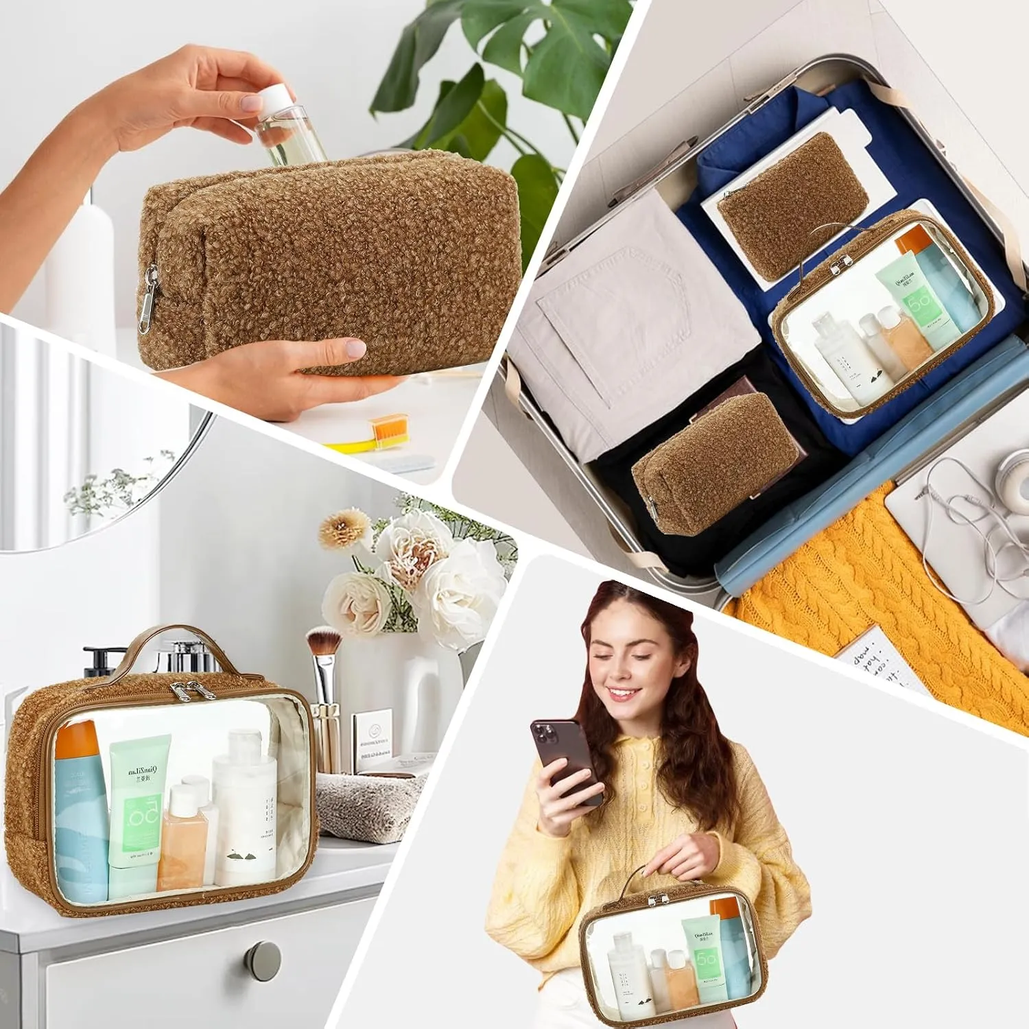 Bluboon 3Pcs Makeup Toiletry Bag for Women, Clear Packing Cubes Cosmetic Bag for Travel Women With Zipper Travel Essentials (Coffee Lamb Wool)