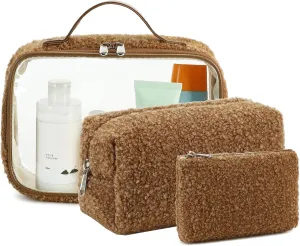 Bluboon 3Pcs Makeup Toiletry Bag for Women, Clear Packing Cubes Cosmetic Bag for Travel Women With Zipper Travel Essentials (Coffee Lamb Wool)