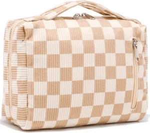 Bluboon Makeup Bag Zipper Pouch Travel Portable Cosmetic Bag Organizer for Women and Girls(Corduroy Checkered Brown)