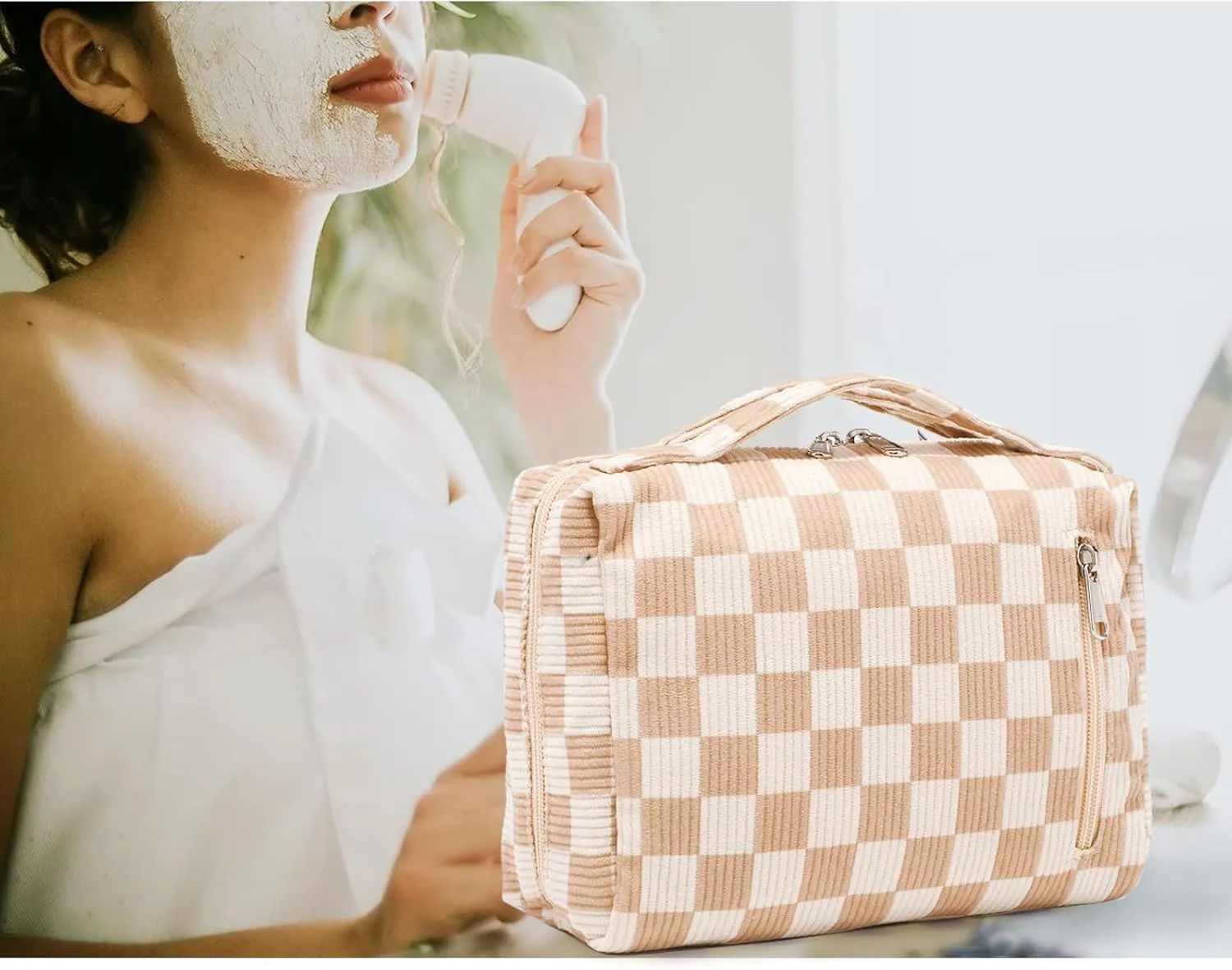 Bluboon Makeup Bag Zipper Pouch Travel Portable Cosmetic Bag Organizer for Women and Girls(Corduroy Checkered Brown)