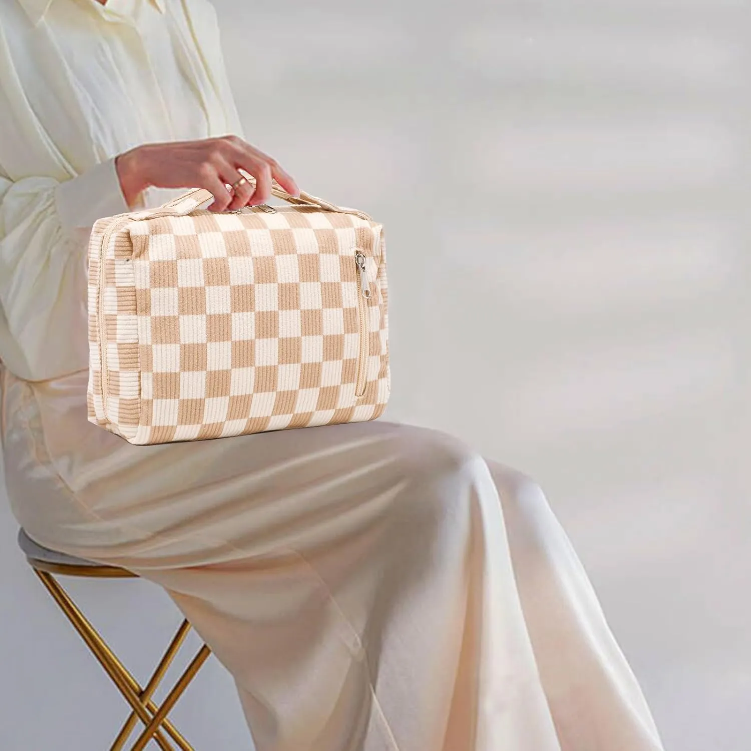 Bluboon Makeup Bag Zipper Pouch Travel Portable Cosmetic Bag Organizer for Women and Girls(Corduroy Checkered Brown)
