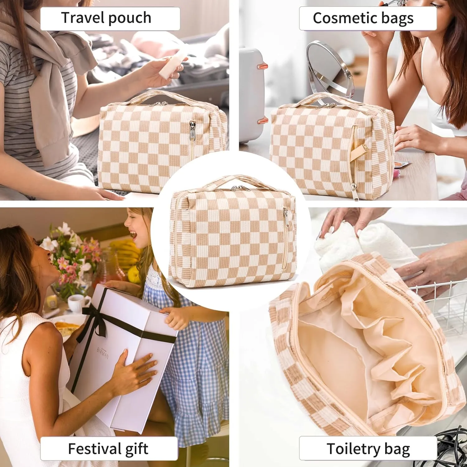 Bluboon Makeup Bag Zipper Pouch Travel Portable Cosmetic Bag Organizer for Women and Girls(Corduroy Checkered Brown)