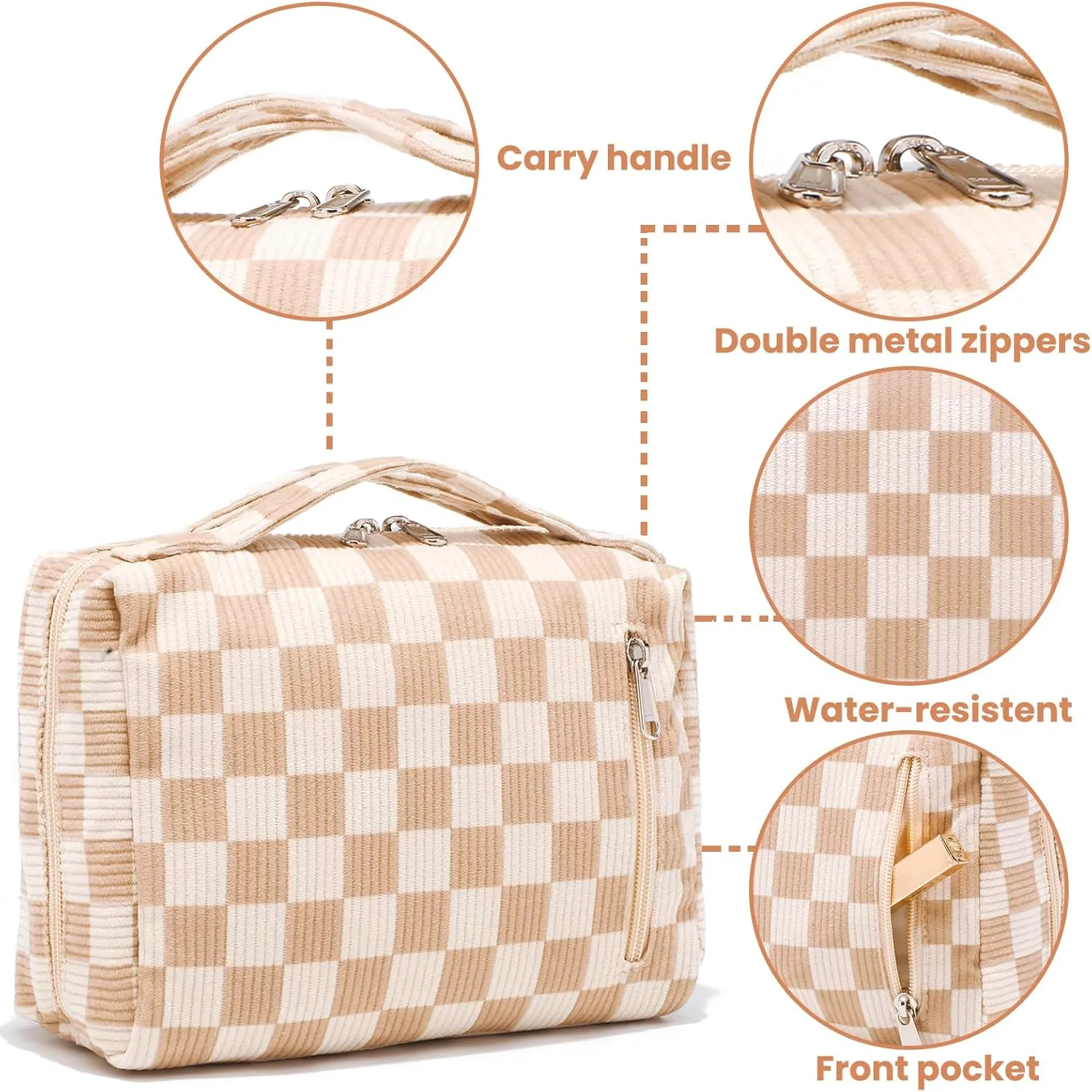 Bluboon Makeup Bag Zipper Pouch Travel Portable Cosmetic Bag Organizer for Women and Girls(Corduroy Checkered Brown)