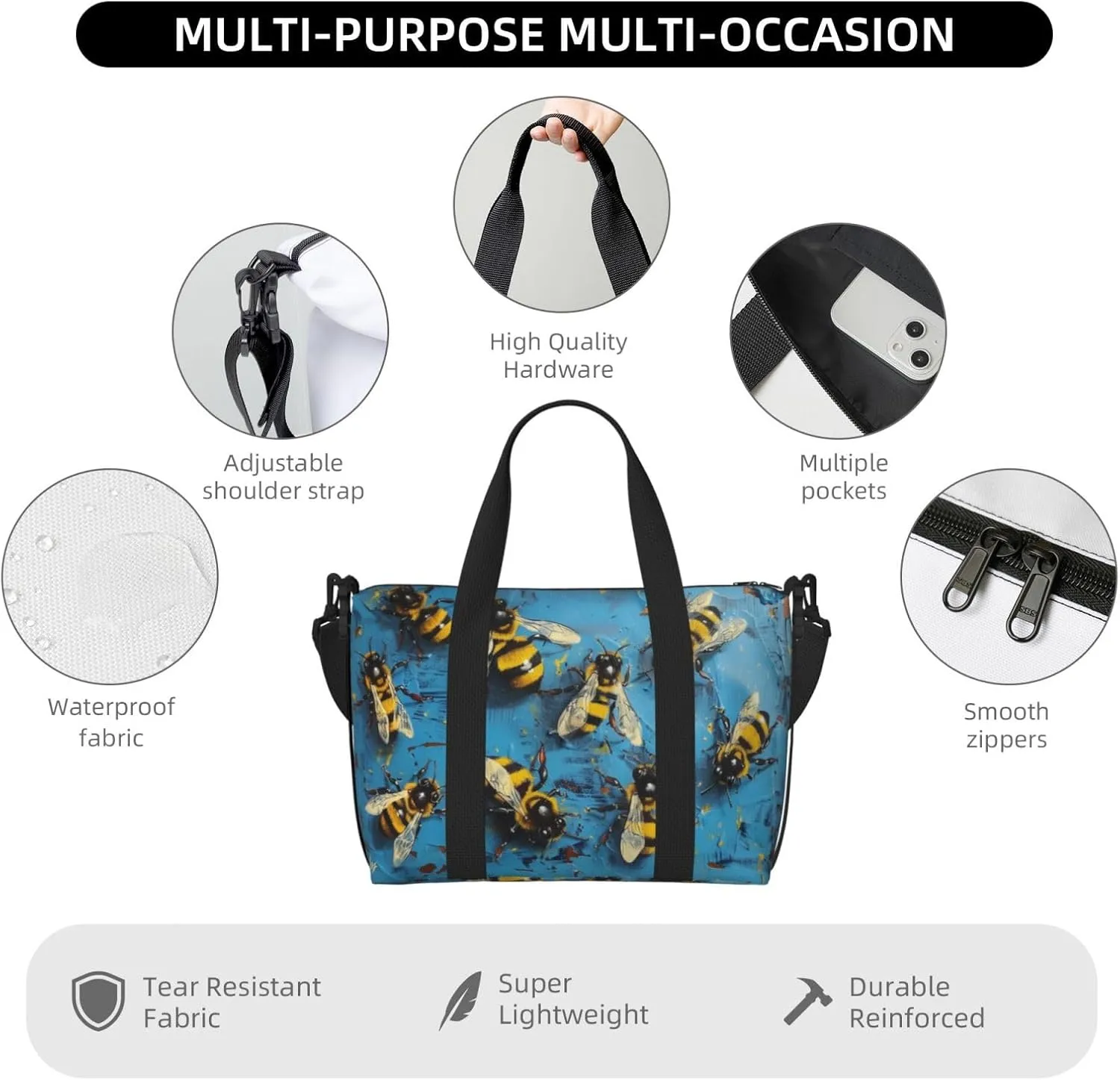 blue bees print Travel Duffel Bag, Sports Tote Gym Bag, Swim Pool Bag Large Shoulder Tote Bag for Beach Weekender
