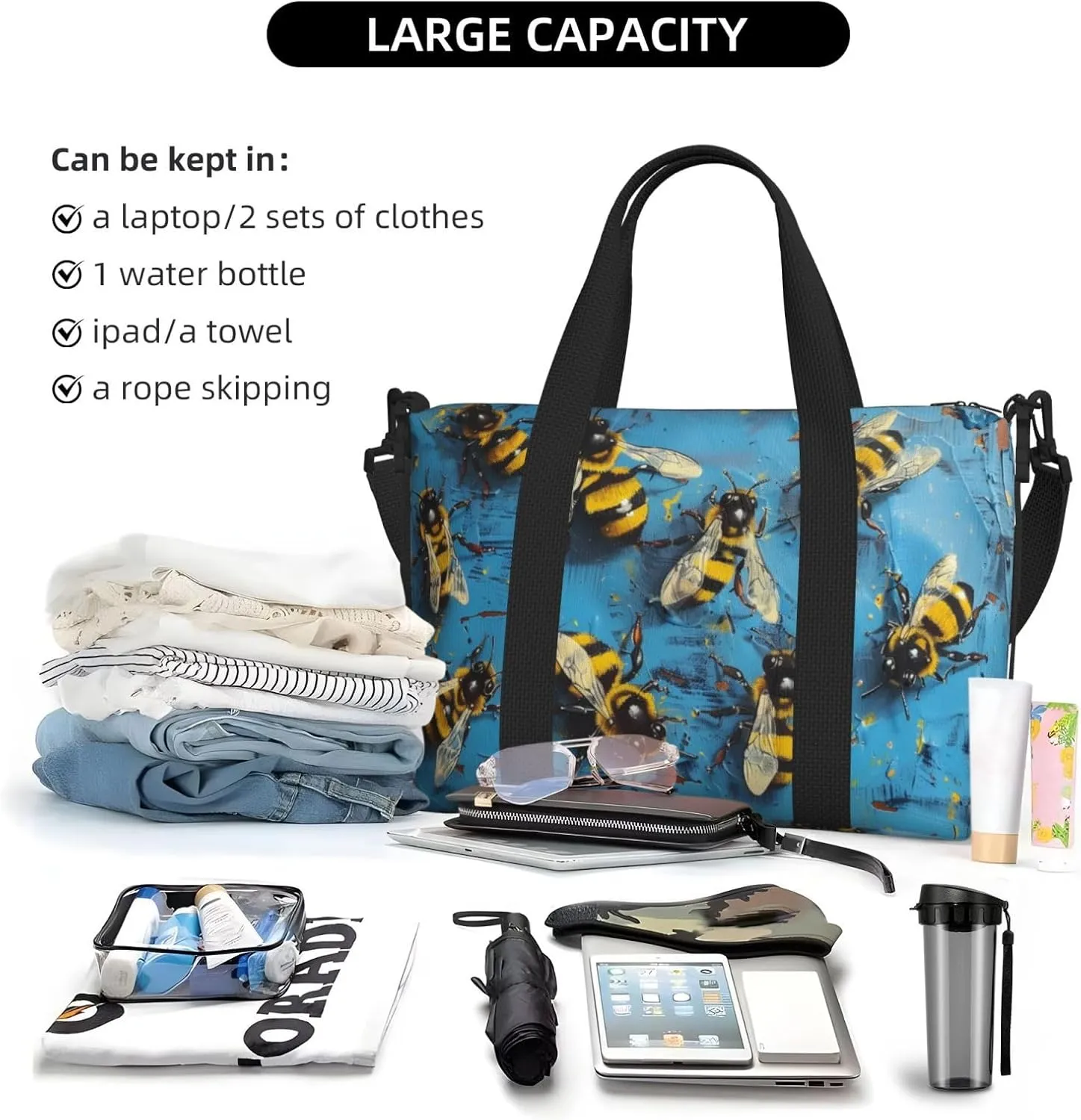 blue bees print Travel Duffel Bag, Sports Tote Gym Bag, Swim Pool Bag Large Shoulder Tote Bag for Beach Weekender