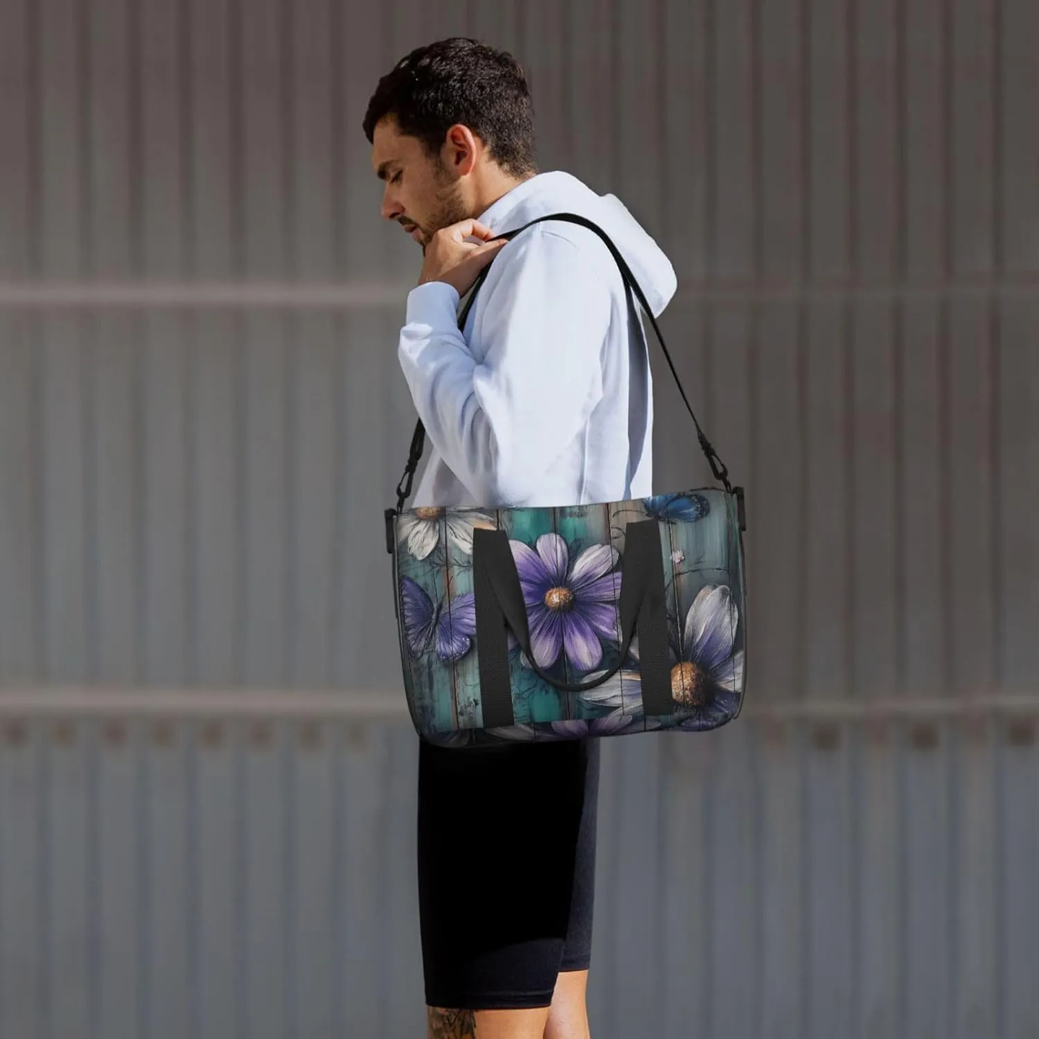 blue butterflies and purple_daisy print Travel Duffel Bag, Sports Tote Gym Bag, Swim Pool Bag Large Shoulder Tote Bag for Beach Weekender