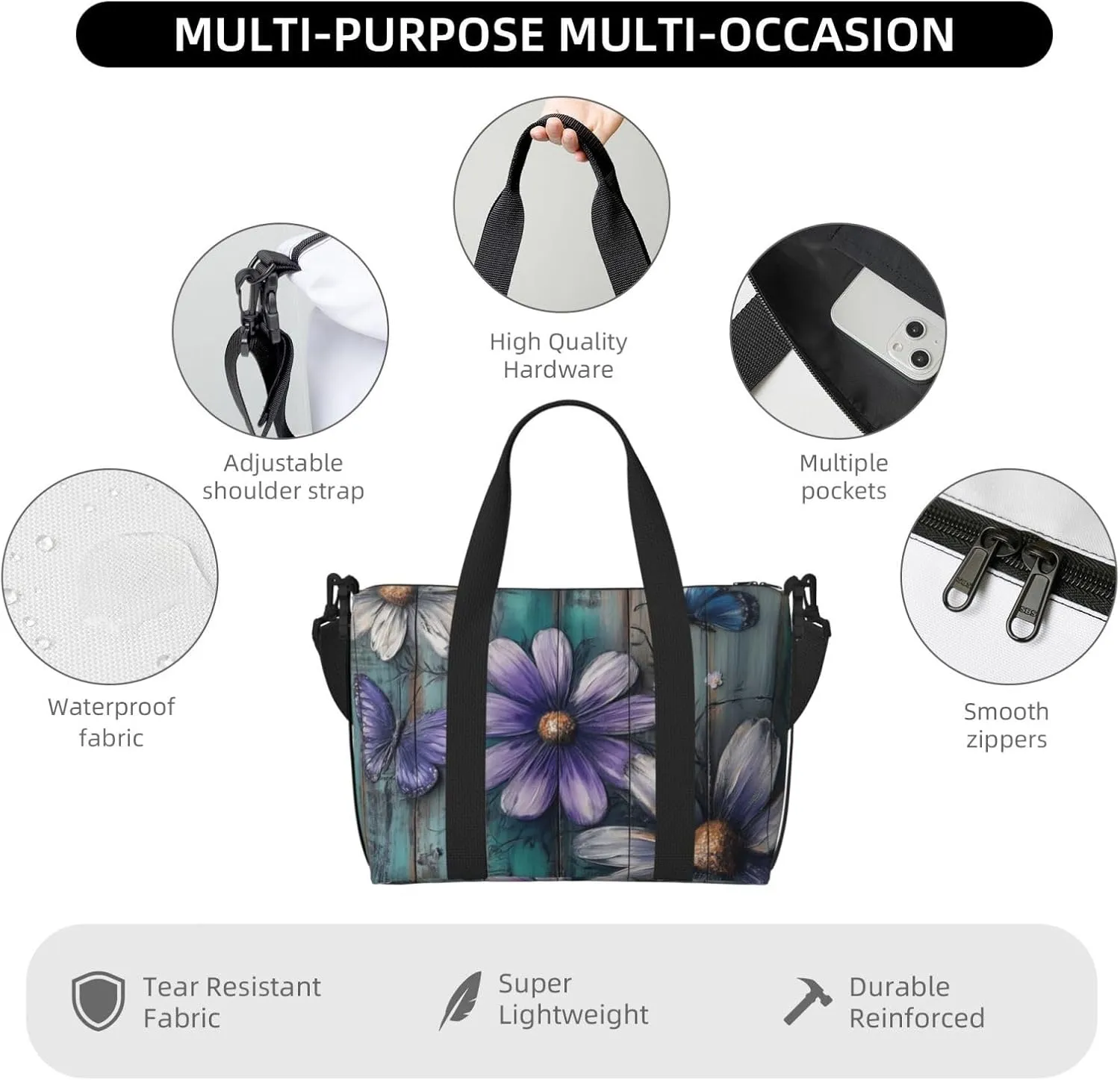blue butterflies and purple_daisy print Travel Duffel Bag, Sports Tote Gym Bag, Swim Pool Bag Large Shoulder Tote Bag for Beach Weekender