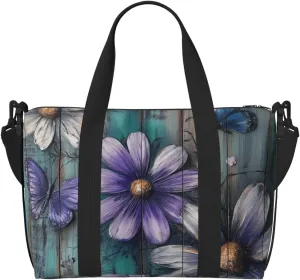 blue butterflies and purple_daisy print Travel Duffel Bag, Sports Tote Gym Bag, Swim Pool Bag Large Shoulder Tote Bag for Beach Weekender