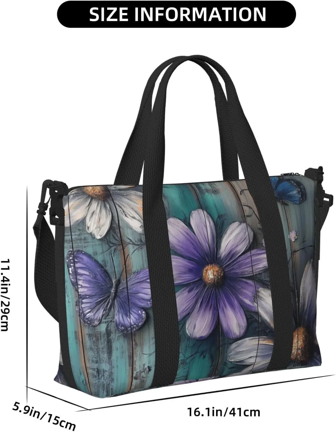 blue butterflies and purple_daisy print Travel Duffel Bag, Sports Tote Gym Bag, Swim Pool Bag Large Shoulder Tote Bag for Beach Weekender