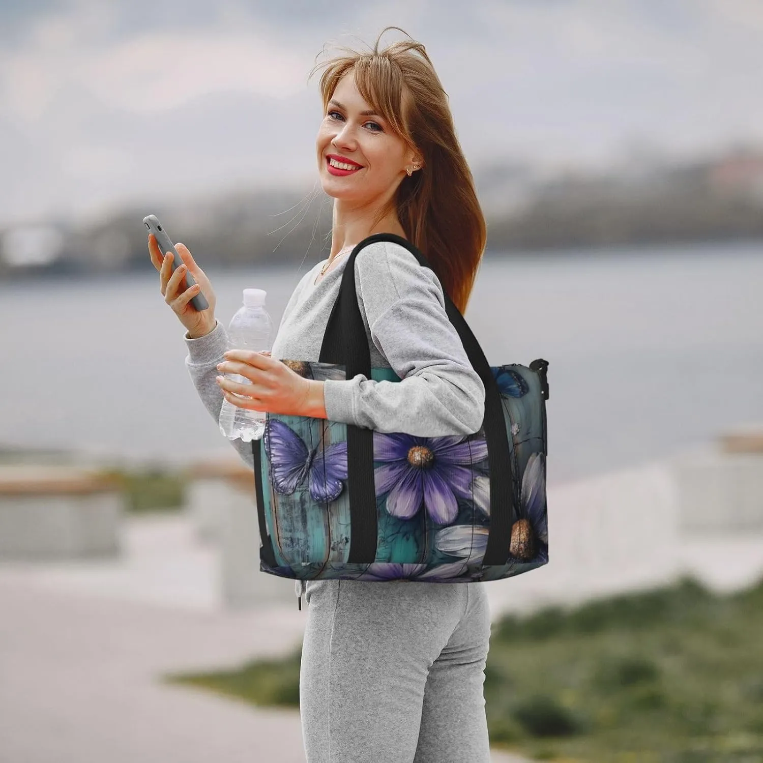 blue butterflies and purple_daisy print Travel Duffel Bag, Sports Tote Gym Bag, Swim Pool Bag Large Shoulder Tote Bag for Beach Weekender