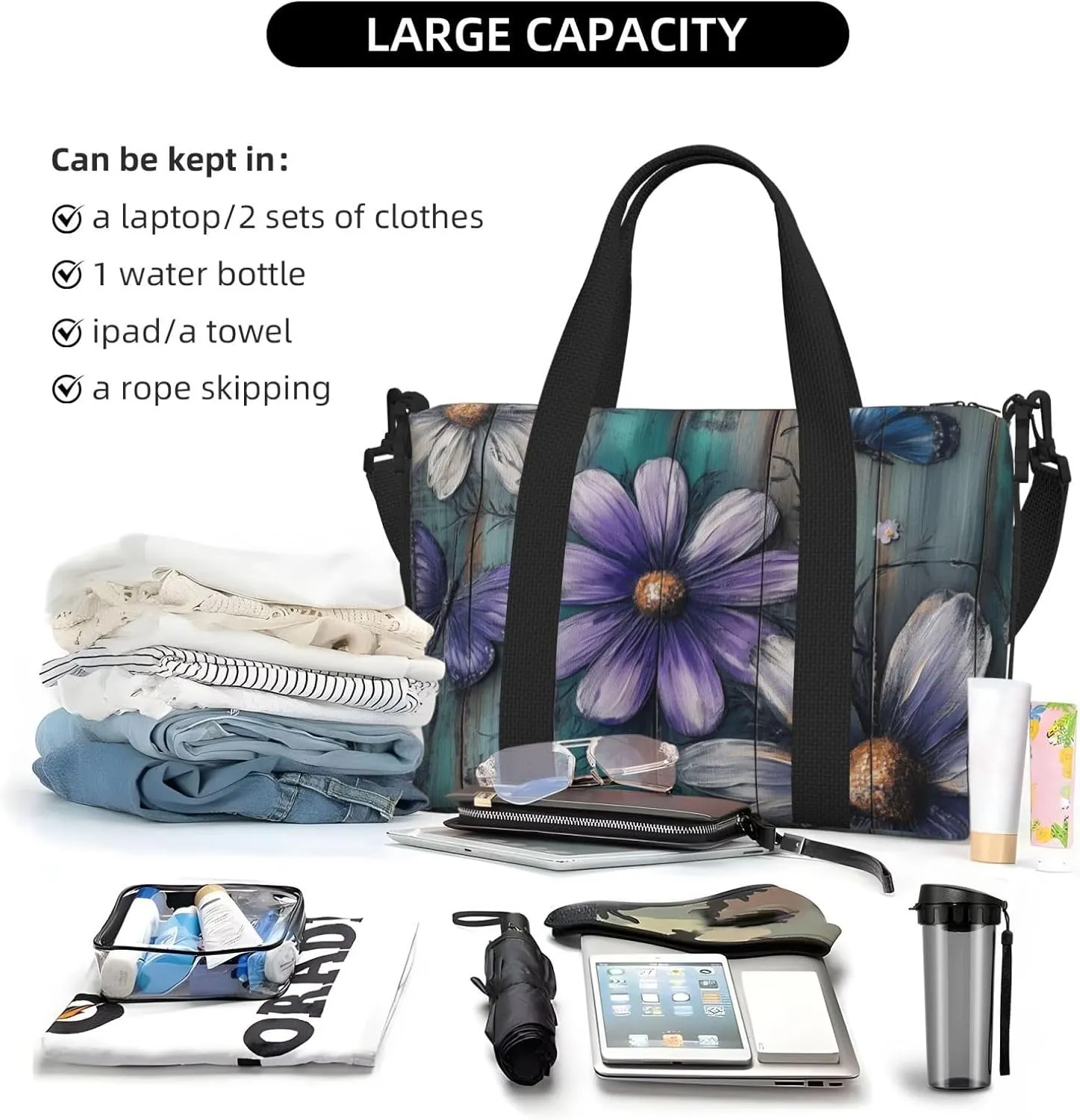 blue butterflies and purple_daisy print Travel Duffel Bag, Sports Tote Gym Bag, Swim Pool Bag Large Shoulder Tote Bag for Beach Weekender