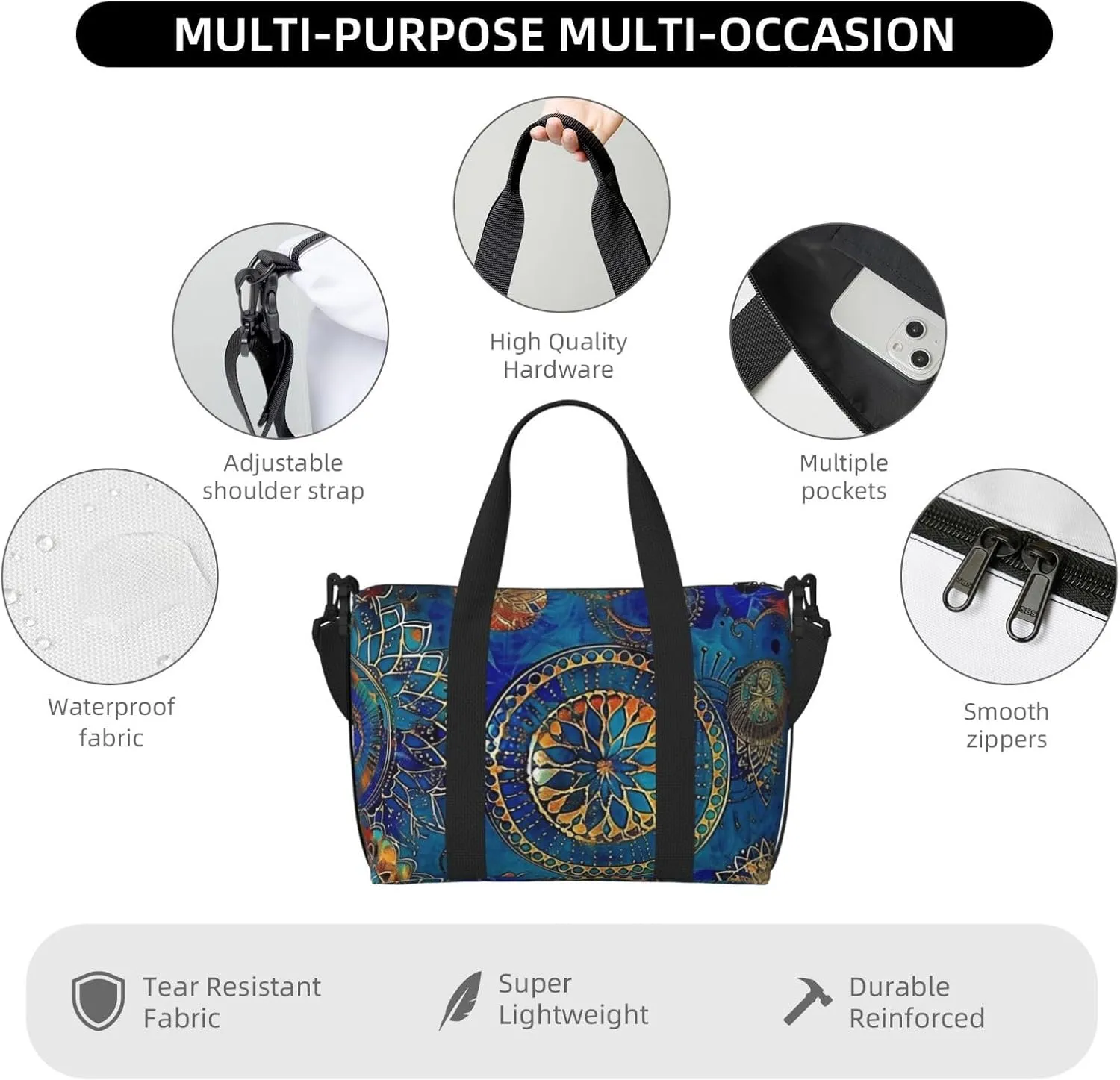 blue circle art print Travel Duffel Bag, Sports Tote Gym Bag, Swim Pool Bag Large Shoulder Tote Bag for Beach Weekender