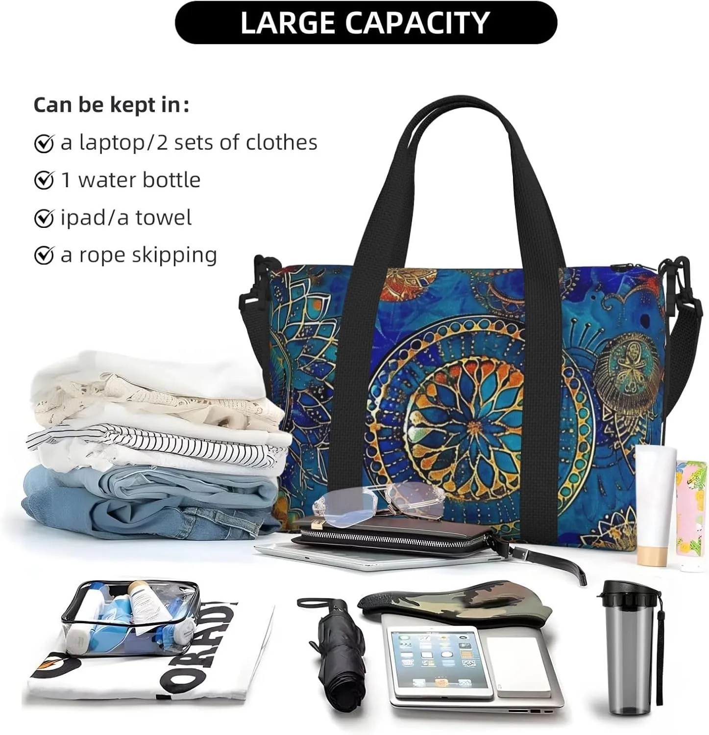 blue circle art print Travel Duffel Bag, Sports Tote Gym Bag, Swim Pool Bag Large Shoulder Tote Bag for Beach Weekender