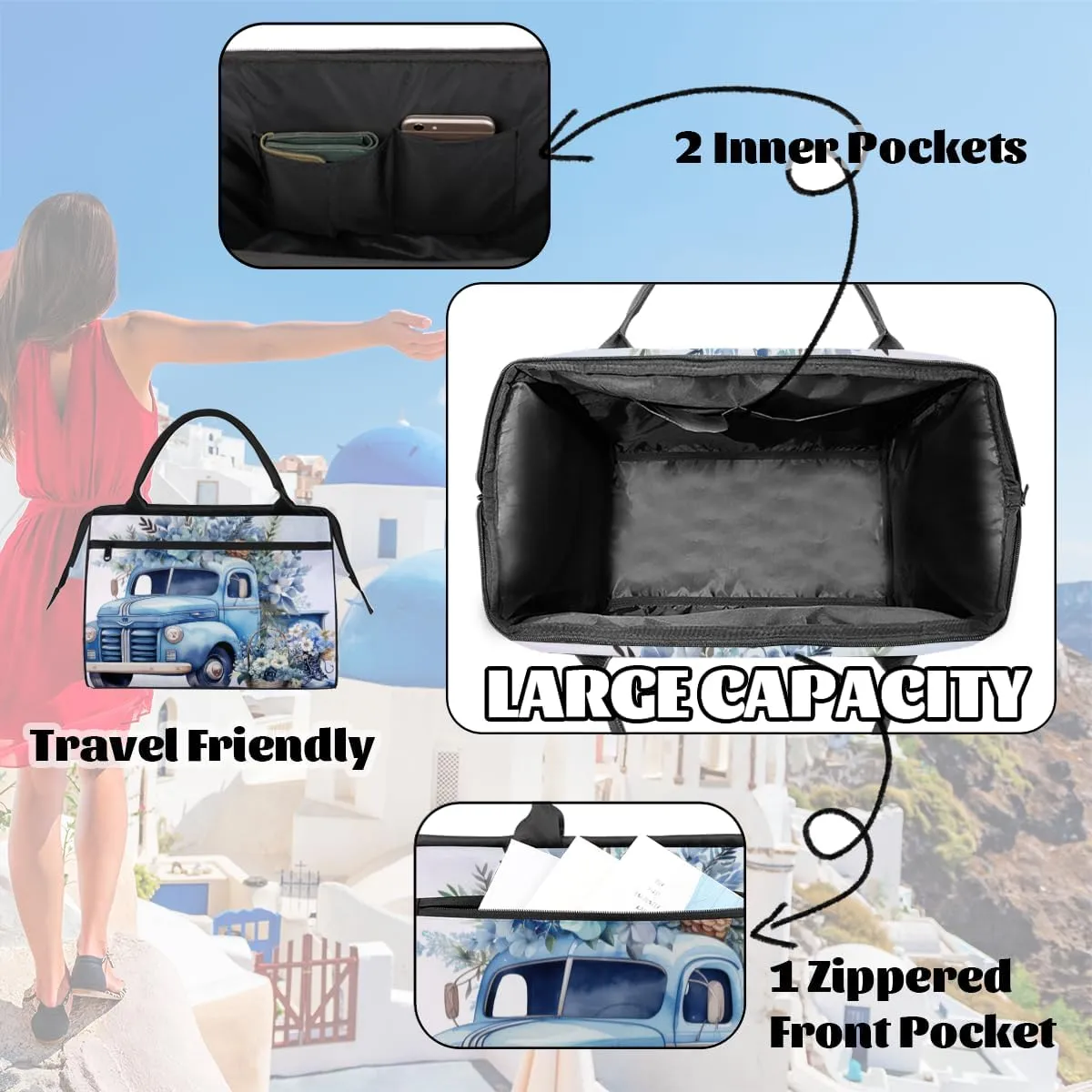 Blue Flowers Truck Weekender Overnight Bag for Women Waterproof Carry On Travel Duffle Bags with Pocket Lightweight Sports Gym Tote Bag Large Luggage Workout Personal Item Hospital Bags