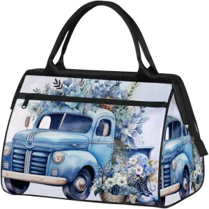 Blue Flowers Truck Weekender Overnight Bag for Women Waterproof Carry On Travel Duffle Bags with Pocket Lightweight Sports Gym Tote Bag Large Luggage Workout Personal Item Hospital Bags