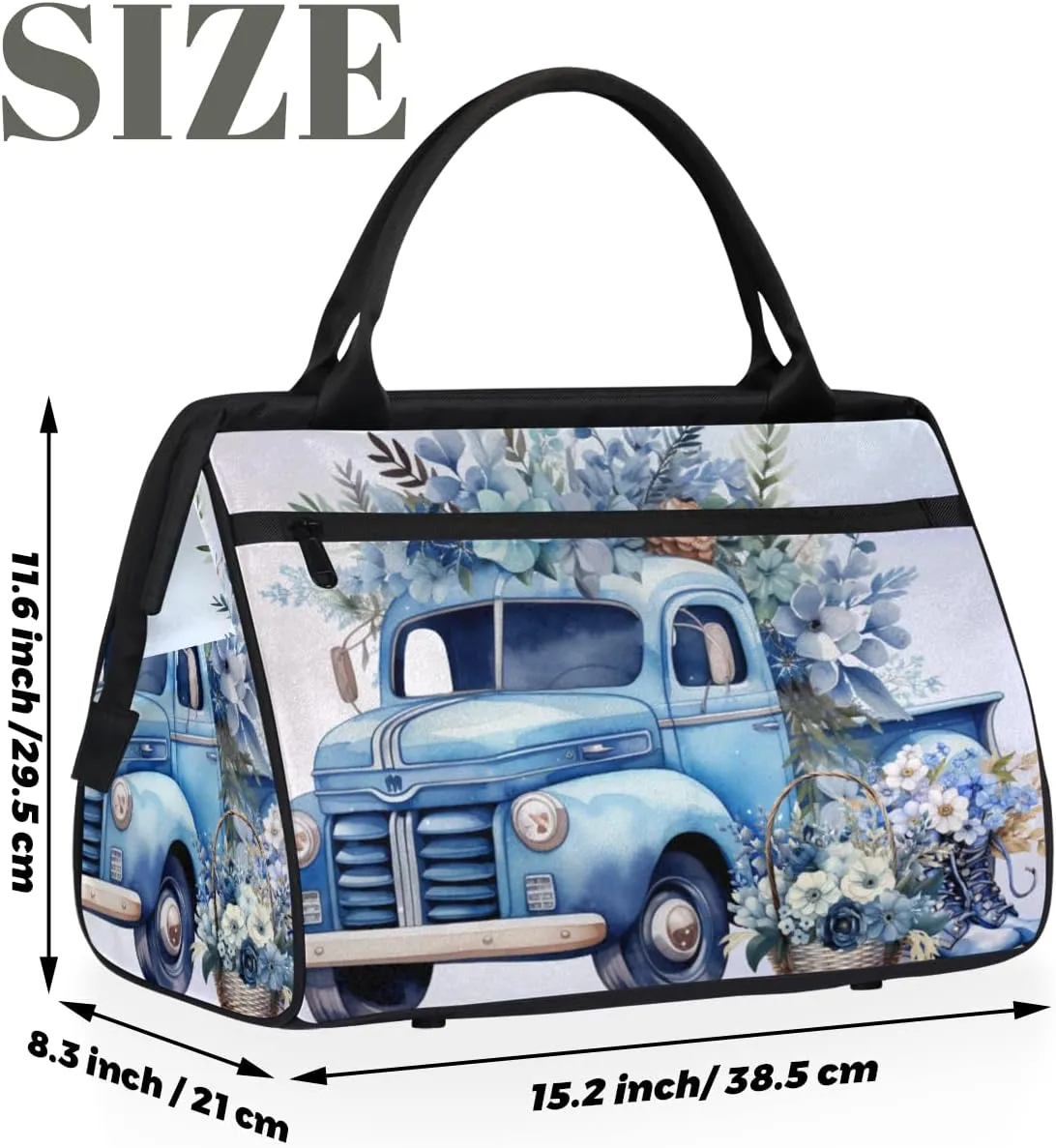 Blue Flowers Truck Weekender Overnight Bag for Women Waterproof Carry On Travel Duffle Bags with Pocket Lightweight Sports Gym Tote Bag Large Luggage Workout Personal Item Hospital Bags