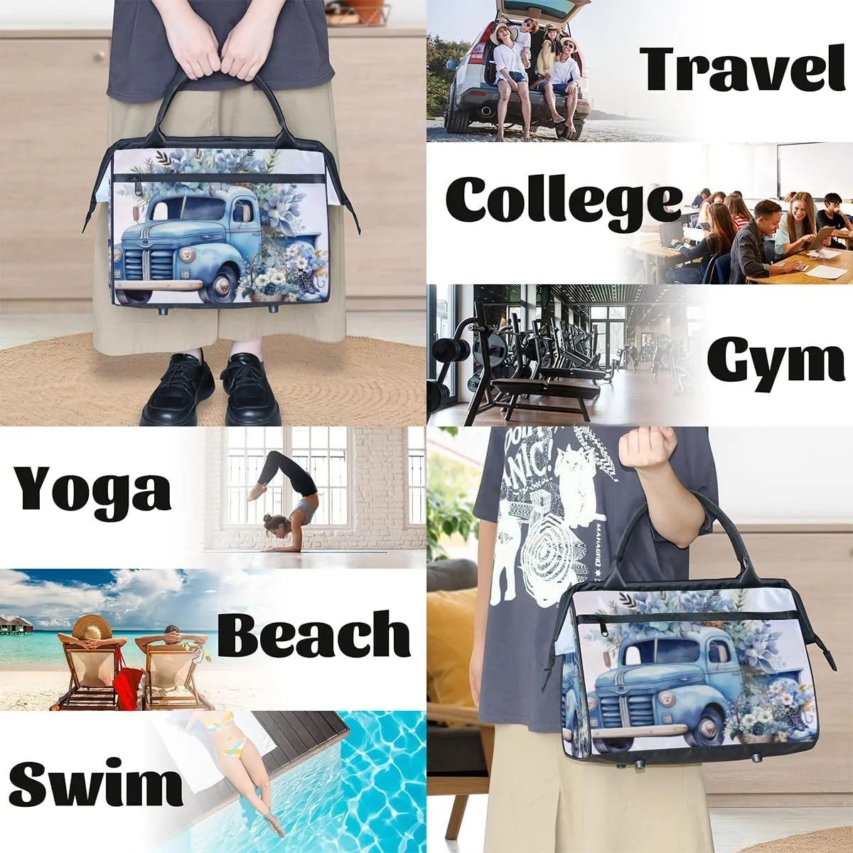 Blue Flowers Truck Weekender Overnight Bag for Women Waterproof Carry On Travel Duffle Bags with Pocket Lightweight Sports Gym Tote Bag Large Luggage Workout Personal Item Hospital Bags