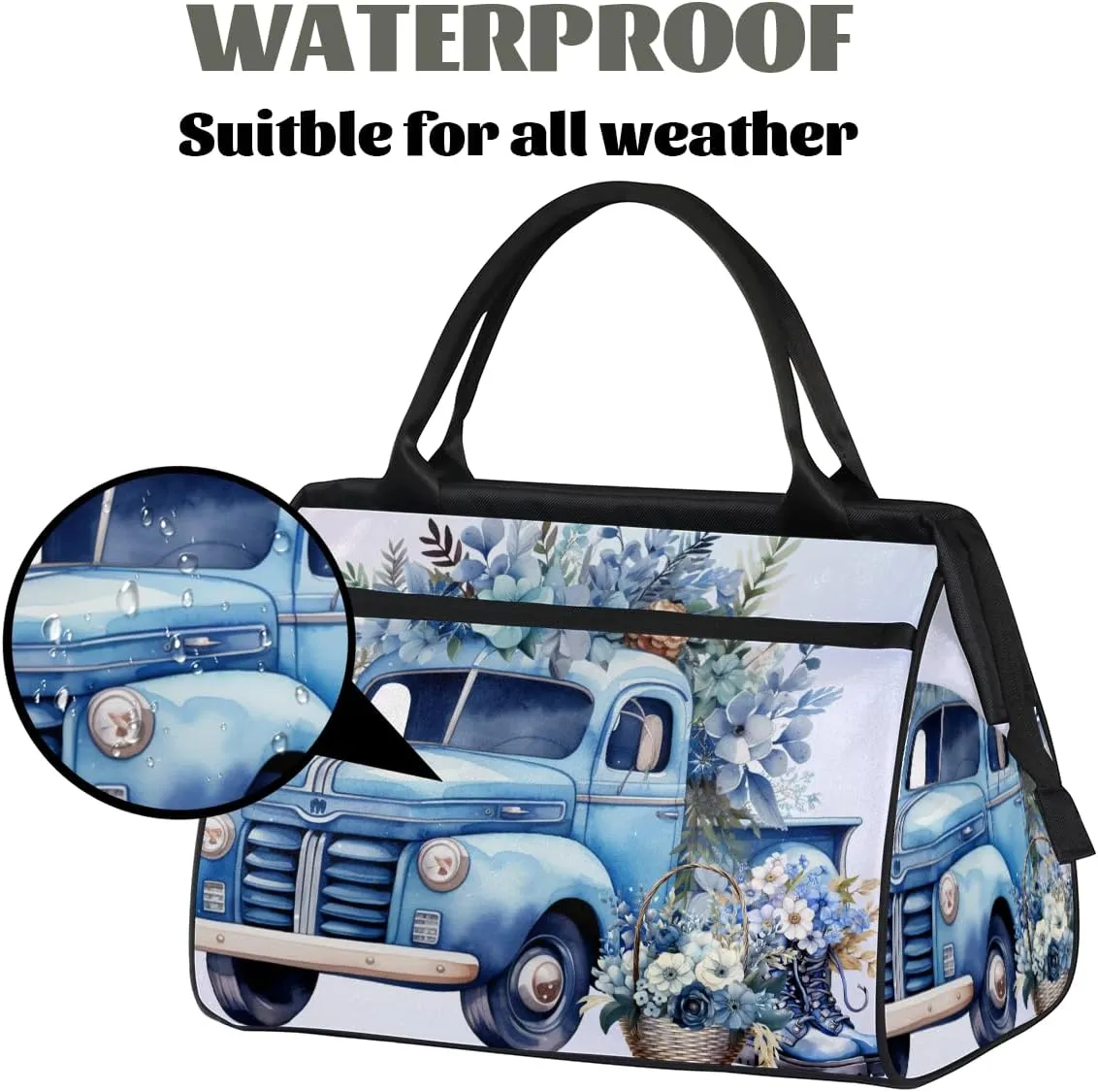 Blue Flowers Truck Weekender Overnight Bag for Women Waterproof Carry On Travel Duffle Bags with Pocket Lightweight Sports Gym Tote Bag Large Luggage Workout Personal Item Hospital Bags