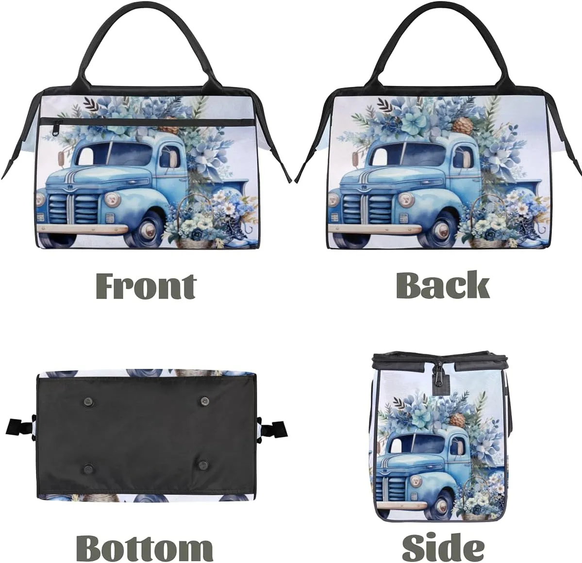 Blue Flowers Truck Weekender Overnight Bag for Women Waterproof Carry On Travel Duffle Bags with Pocket Lightweight Sports Gym Tote Bag Large Luggage Workout Personal Item Hospital Bags