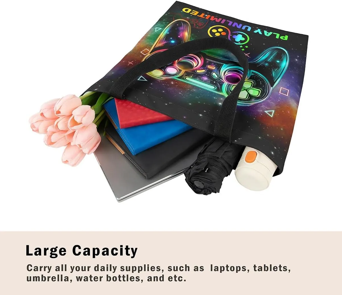 Blue Gaming Canvas Tote Bag for Women,Gamer Foldable Handbag,Neon Lights Abstract Geometry Travel Shopping Bag