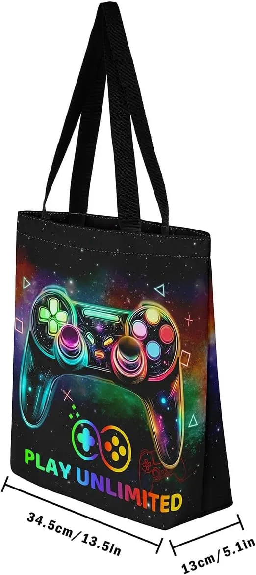 Blue Gaming Canvas Tote Bag for Women,Gamer Foldable Handbag,Neon Lights Abstract Geometry Travel Shopping Bag