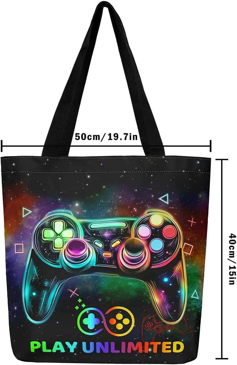 Blue Gaming Canvas Tote Bag for Women,Gamer Foldable Handbag,Neon Lights Abstract Geometry Travel Shopping Bag