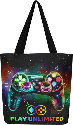 Blue Gaming Canvas Tote Bag for Women,Gamer Foldable Handbag,Neon Lights Abstract Geometry Travel Shopping Bag